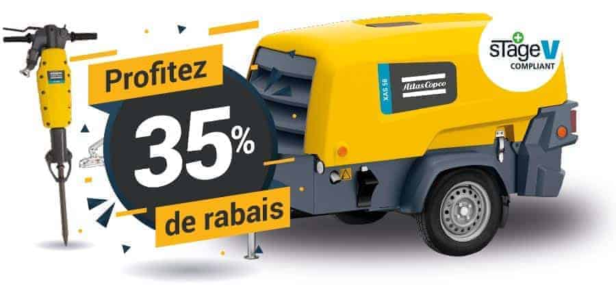 Profitez de nos offres 1 Compresseur Atlas Copco XAS 58 Kd-7 + Marteau R-TEX 15 + Enrouleur +15 m de tuyau. Le tout avec rabais de 35%
